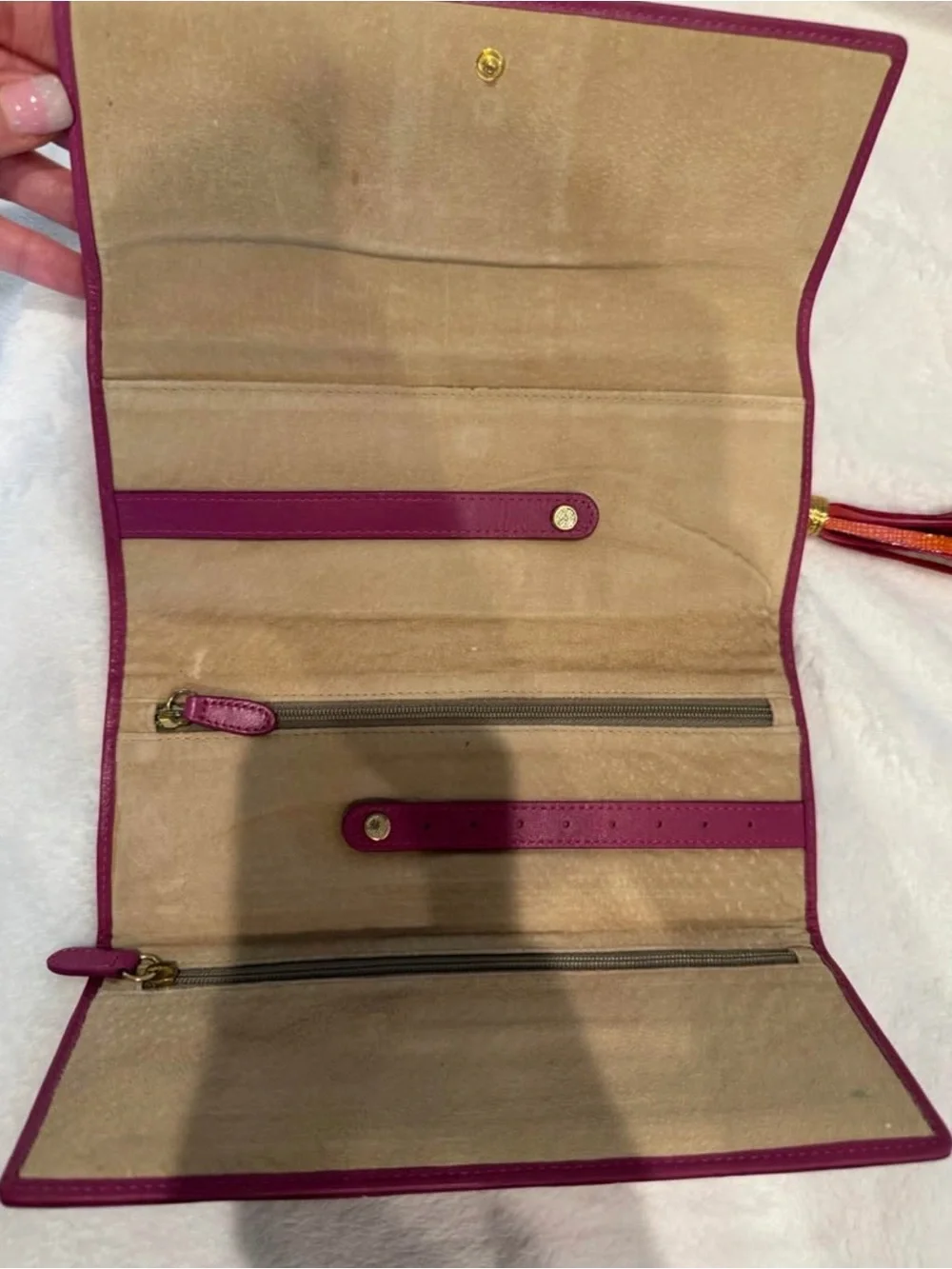 Cole Haan Pink-Red Textured Leather travel jewelry organizer with Gold Logo